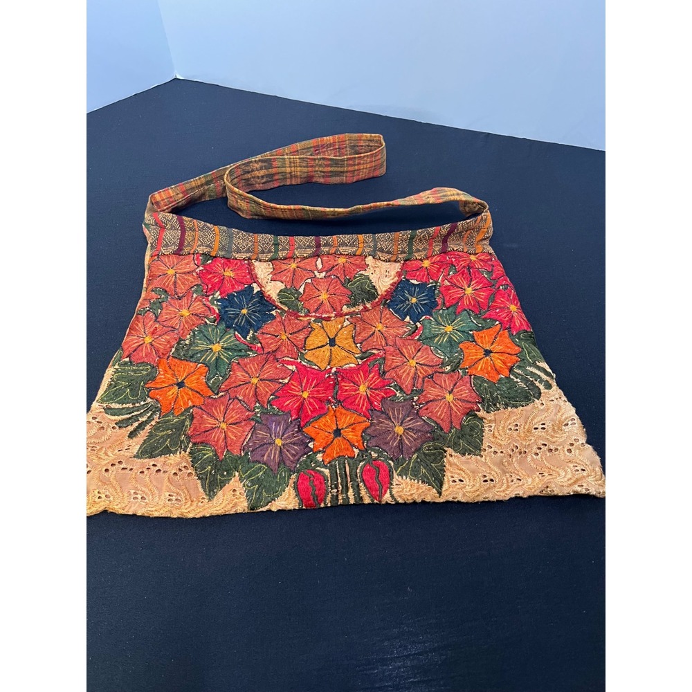 Floral Embroidered Crossbody Bag Boho Eyelet Lace Woven Plaid Orange Multi